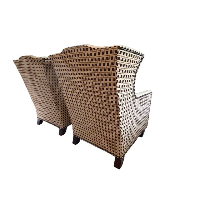 Pair Vintage Henredon Wingback Chairs – Ivory Leather, Geometric Pattern, Nailhead Trim For Sale - Image 16 of 18