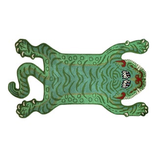 Vintage Emerald Green Tibetan Tiger Hunting Shape Persian Rug For Sale