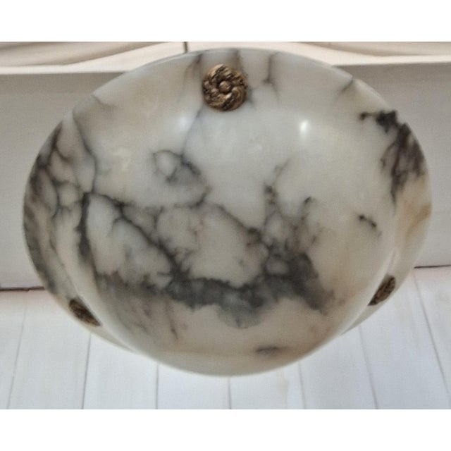 Art Deco French Ceiling Lamp with Domed Alabaster Bowl on Brass Mount, 1920s For Sale - Image 3 of 9