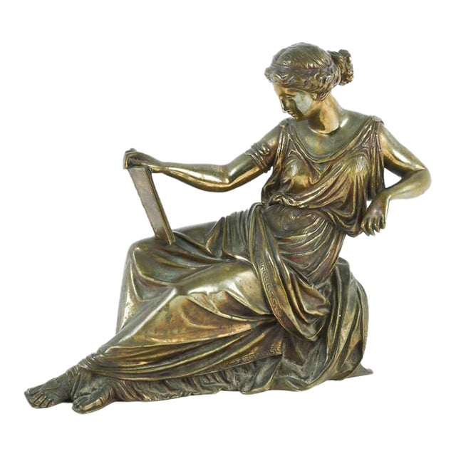 Antique Classical Bronze Woman Reading Plato Statue After Jean-Jacques Pradier For Sale
