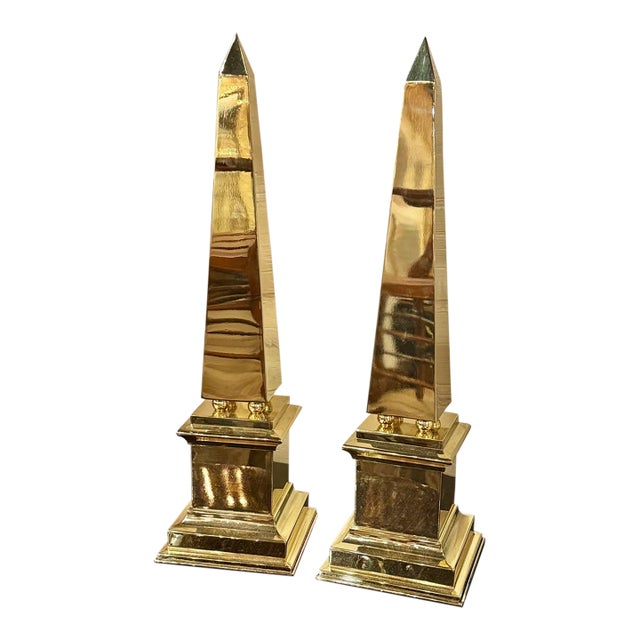 Pair of Continental MCM Polished Brass Obelisks For Sale