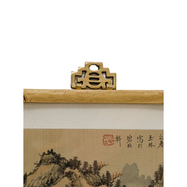 Mid 20th Century Mid 20th Century Framed Pair of Chinese Traditional ShanShui Landscape Paintings on Silk in Bamboo Gold-Toned Frames For Sale - Image 5 of 6