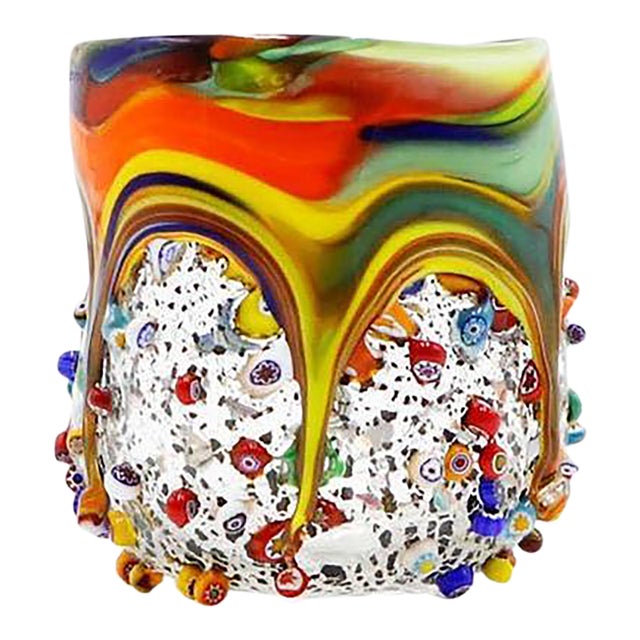 Millefiori Glass Tumbler, Dimpled Crumpled Glass Beaker, Yellow For Sale