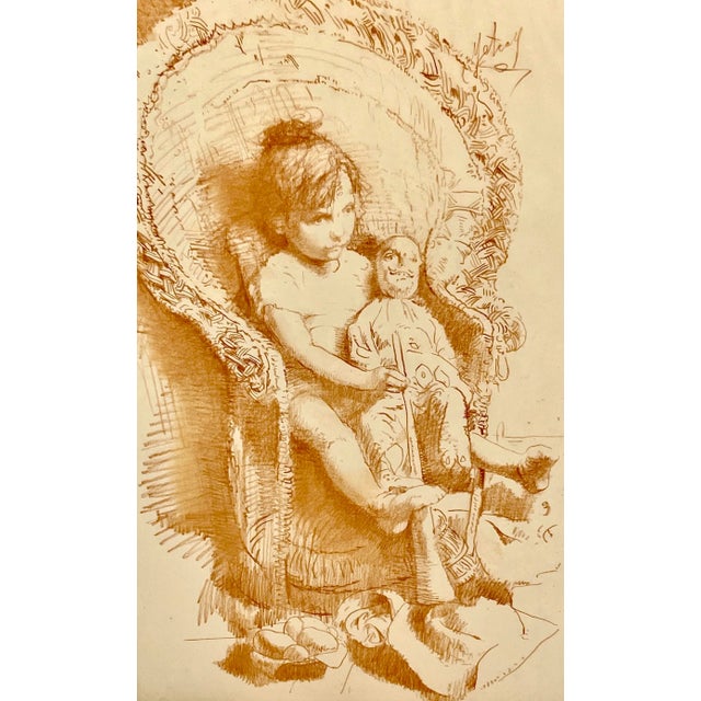 1950s Conger Metcalf Painting, Portrait of Girl With Doll, Conte Crayon on Paper in Gold Leaf Frame For Sale - Image 5 of 12