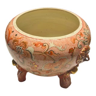 Antique Japanese Footed Cachepot/Jardiniere. Coral & Peach With Raised Gold Details For Sale