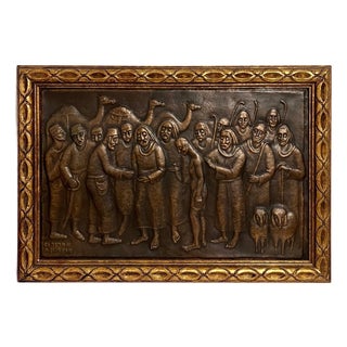 Arieh Merzer, Large Judaica Copper Repousse Sculpture Relief Plaque Arie Merzer Bezalel Era, c.1950'S For Sale