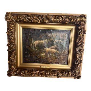 Antique Barnyard Oil on Canvas Painting With Sheep in Giltwood Frame For Sale