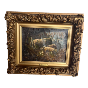 Antique Barnyard Oil on Canvas Painting With Sheep in Giltwood Frame