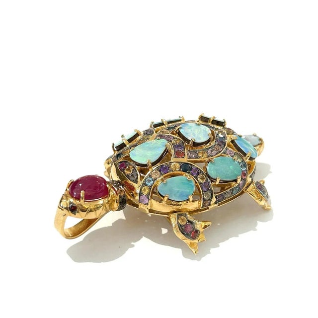 Art Deco Bochic “Orient” Retro Multi Sapphires & Opal Brooch Set in 18k Gold & Silver For Sale - Image 3 of 5