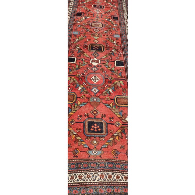 Early 20th Century Kurdish Antique Runner in Vibrant Red Background and Multi-Tiered Border 3'3 X 14'1 For Sale - Image 5 of 12