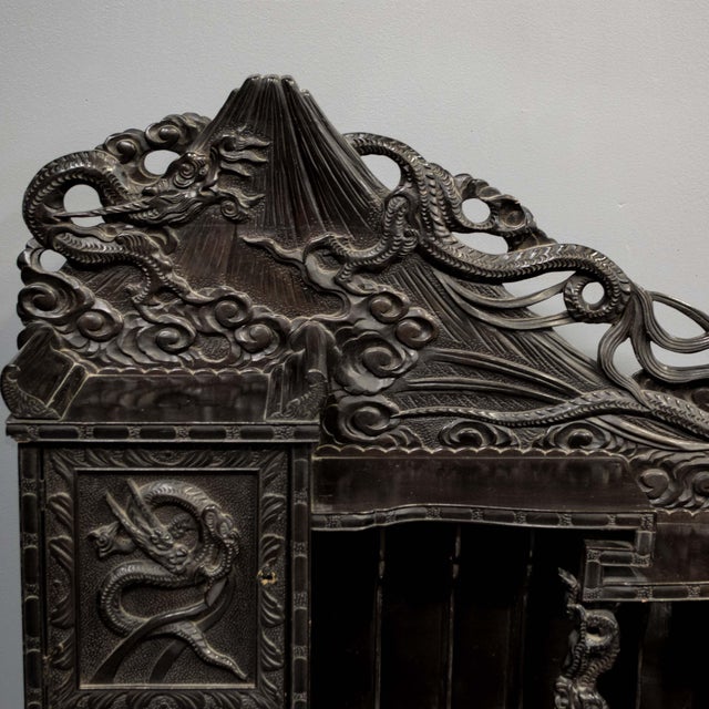 Japanese Heavily Carved Antique Japanese Black Lacquer Desk & Chair For Sale - Image 3 of 10