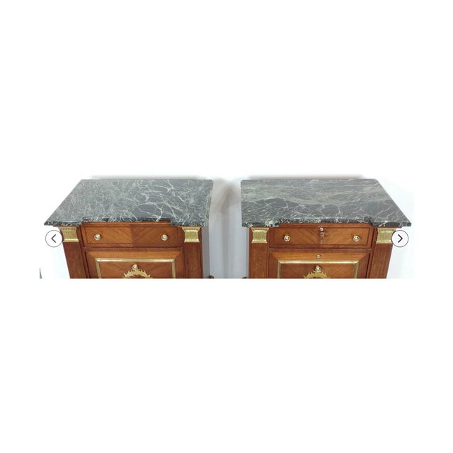 Late 20th Century Neo-Classical Style Mahogany & Brass Marble Top Chests Side Tables - Pair For Sale - Image 5 of 6