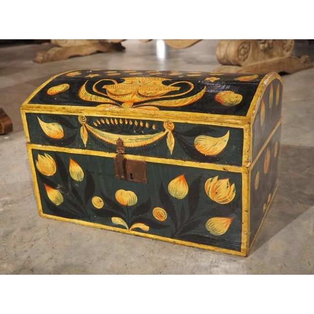 French 19th Century Hand Painted Polychrome Trunk With Floral Decor, Normandy France For Sale - Image 3 of 18
