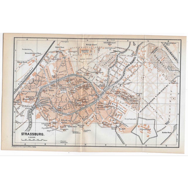 1880 antique map of the city of Strassburg (Strasbourg) 0n the German border.