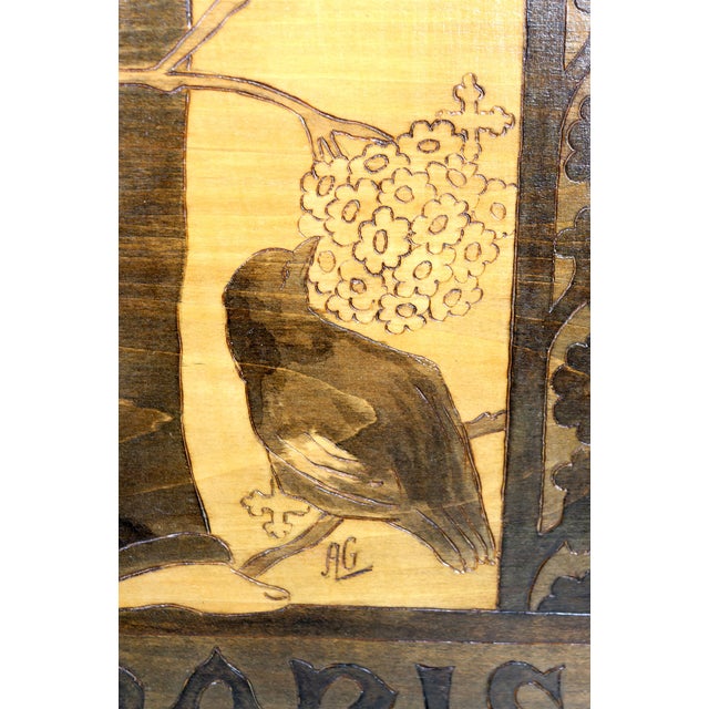 Art Nouveau Pyrography Panel with Religious Theme of St. Francis Speaking to the Birds, Early 20th Century For Sale - Image 11 of 17