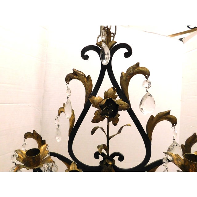 Mid-Century Modern Black and Gold Gilt Metal Floral Wall Sconce, Teardrop Crystals, Candleholders For Sale - Image 3 of 14
