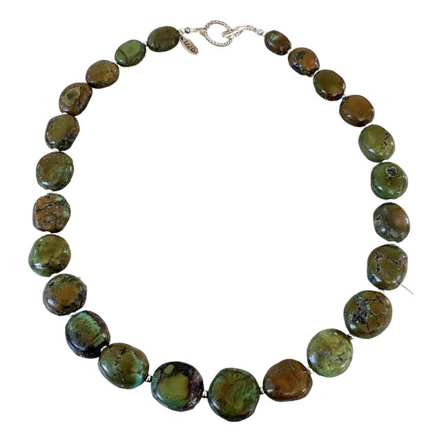 Green Natural Turquoise Beaded Necklace With Silver Spacers. For Sale