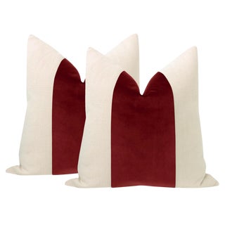 22" Crimson Velvet Panel & Linen Pillows - a Pair For Sale