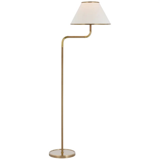 Marie Flanigan by Visual Comfort Signature Rigby Medium Bridge Arm Floor Lamp in Soft Brass and Natural Oak with Linen Shade For Sale