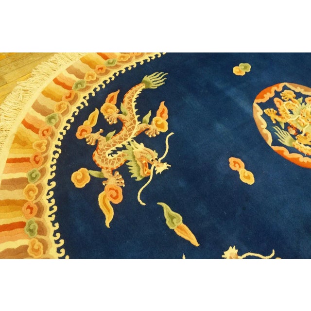 Textile 1980s Navy Blue Dragon Medallion Vintage Chinese Art Deco Carpet Oval 6'' X 9' Knotted Wool Rug For Sale - Image 7 of 12
