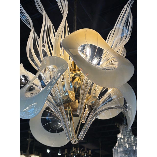 Vintage Murano Mazzega Art Deco style Italian glass chandelier, 8 bulbs, Brass. No chips or breaks to the glass calla lily...