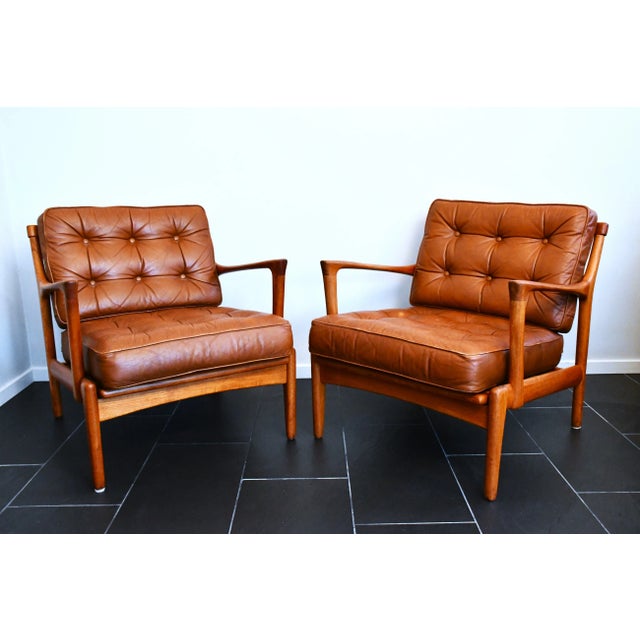 Wood Swedish Teak and Leather Kuba Armchairs by Bertil Fridhagen for Br. Andersson, 1950s, Set of 2 For Sale - Image 7 of 11