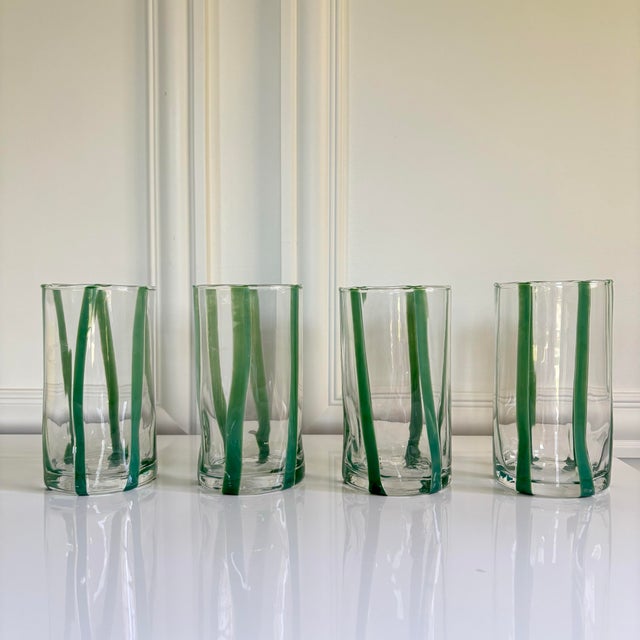 Set of 4 Size: 5.75"H x 3.25"W Green/Clear Striped Murano Glass Tumblers Made in Italy | Hand-painted Brand new