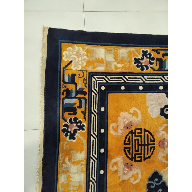 1960s Orange Cloud Bands Symbols Antique Chinese Peking Rug 7'2" X 10'4" Knotted Wool Carpet For Sale In New York - Image 6 of 10