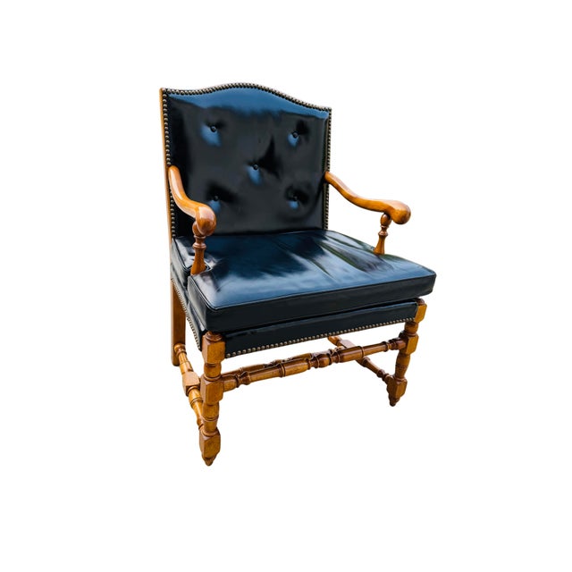 Black Vintage Barnard & Simonds Black Leather Armchair | 1960s American Traditional | Button-Tufted Leather & Bobbin-Turned Wood For Sale - Image 8 of 18