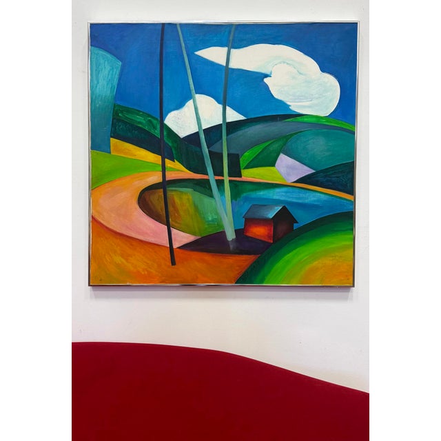 Abstract 1978 Colorful Cubic Abstract Landscape Oil Painting on Canvas For Sale - Image 3 of 15