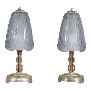 Donna Paris Pair of French Art Deco Blue Glass Table Lamps - 1930s For Sale