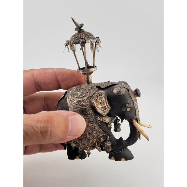 Silver Rare Antique Indian Ebony Silver Overlay Jeweled Elephant W Real Ruby Stone. For Sale - Image 8 of 18