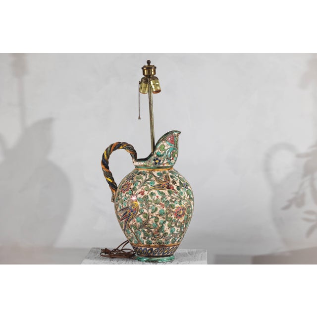 Mid 20th Century Majolica-Style Mid-Century Modern Ceramic Table Lamp with Birds and Floral Motifs For Sale - Image 12 of 12