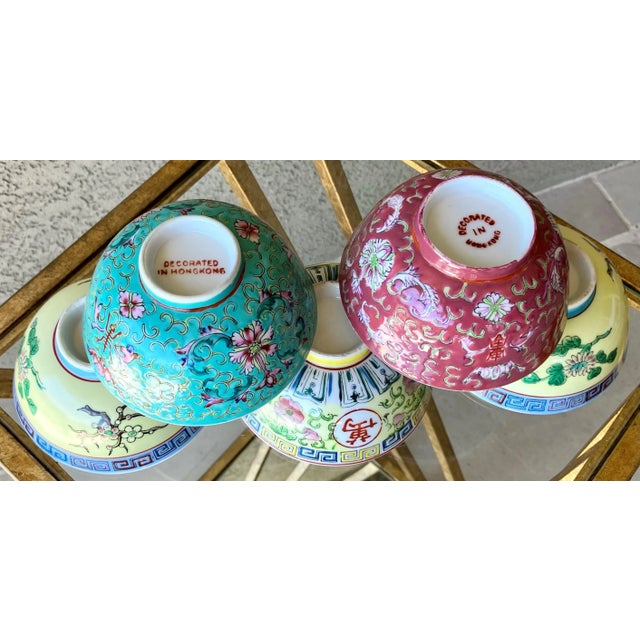 Circa 1970 Chinoiserie Porcelain Mixed Pattern Rice Bowl & Spoon Set -5-Bowls & 5-Spoons For Sale - Image 11 of 12