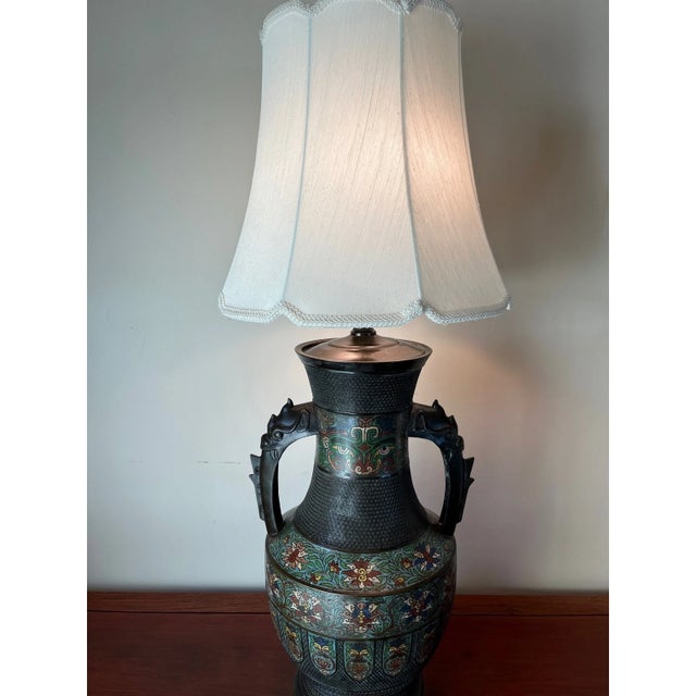 Large 42" Chinese CloisonnÃ© & Bronze Taotie Hu Vase Table Lamp For Sale - Image 13 of 15