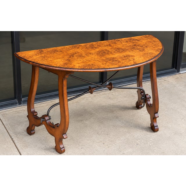 Wood Italian Burl Walnut Demilune Console Tables With Iron Stretchers - Pair For Sale - Image 7 of 8