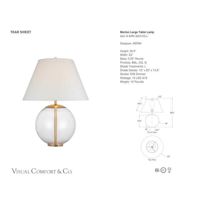 AERIN by Visual Comfort Signature Morton Large Table Lamp in Clear Glass with Linen Shade Designer: AERIN Height: 30.5"...