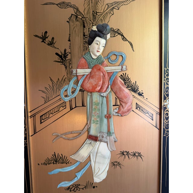 Vintage 34” Hong Kong Mother of Pearl Shell Inlay Asian Lady Wall Plaques Gold Chinoiserie – Pair For Sale - Image 9 of 10