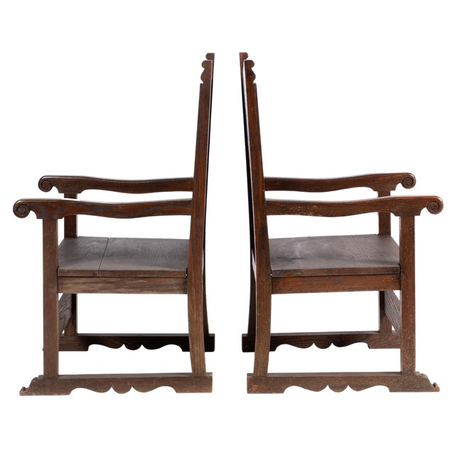Pair of Antique English or German or Dutch Carved Oak Wainscot Chairs - 26" X 23" X 43". These chairs are of a style...