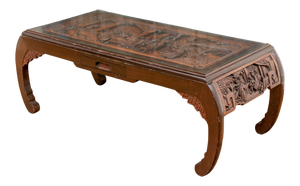 Chinese Glass-Top Hand-Carved Elmwood Cocktail Table