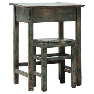 Antique Distressed Lacquer Desk and Stool, Set of 2 For Sale