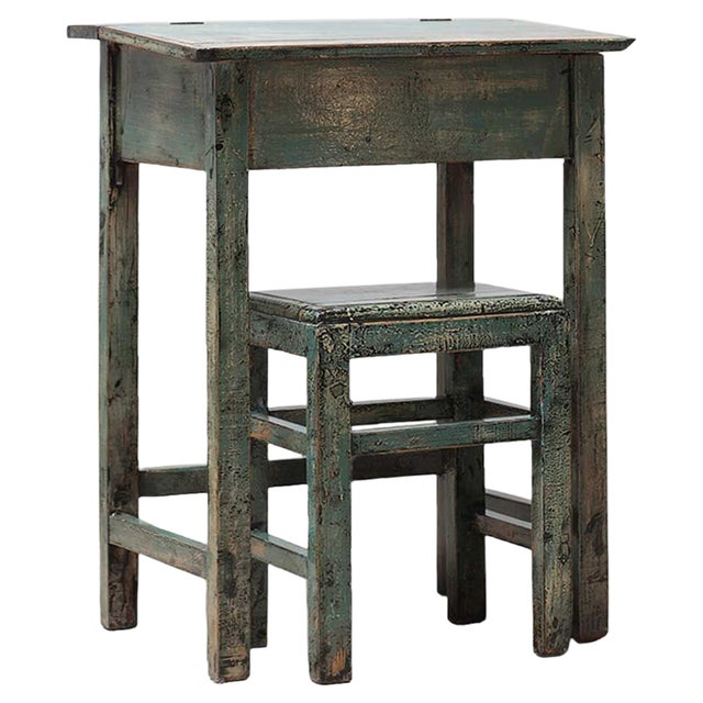 Antique Distressed Lacquer Desk and Stool, Set of 2 For Sale