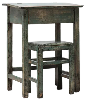 Antique Distressed Lacquer Desk and Stool, Set of 2