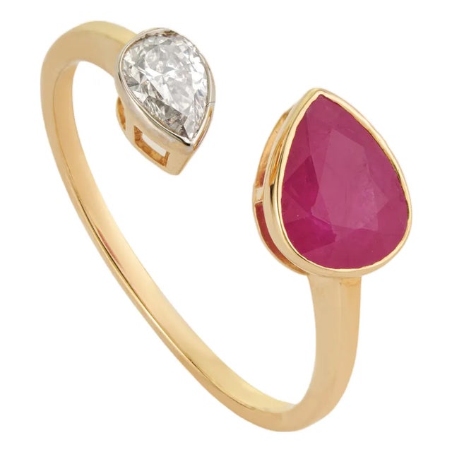 Pear Cut 1.45ct Ruby Diamond Open Face Modern 14k Gold Ring Size 6.5 For Sale
