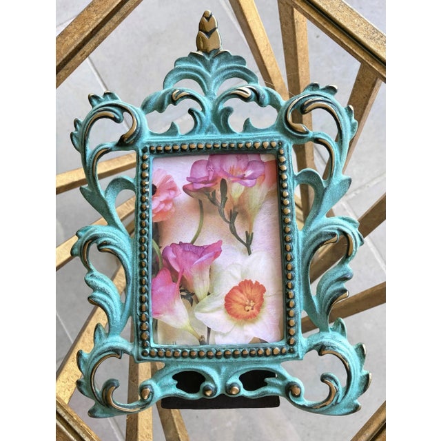 Circa 1980 Baroque-Style Verdigris & Gilt Acanthus Leaf Cast Iron Easel Back Picture Frame For Sale - Image 9 of 12