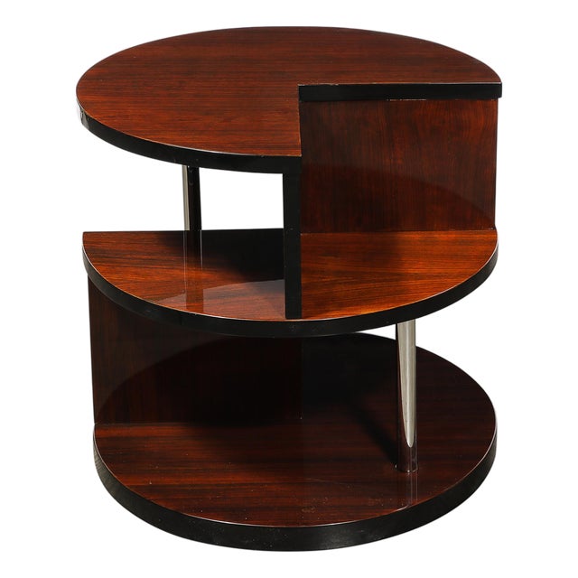 Art Deco Machine Age 3-Tier Walnut Occasional Table With Chrome Rod Supports For Sale