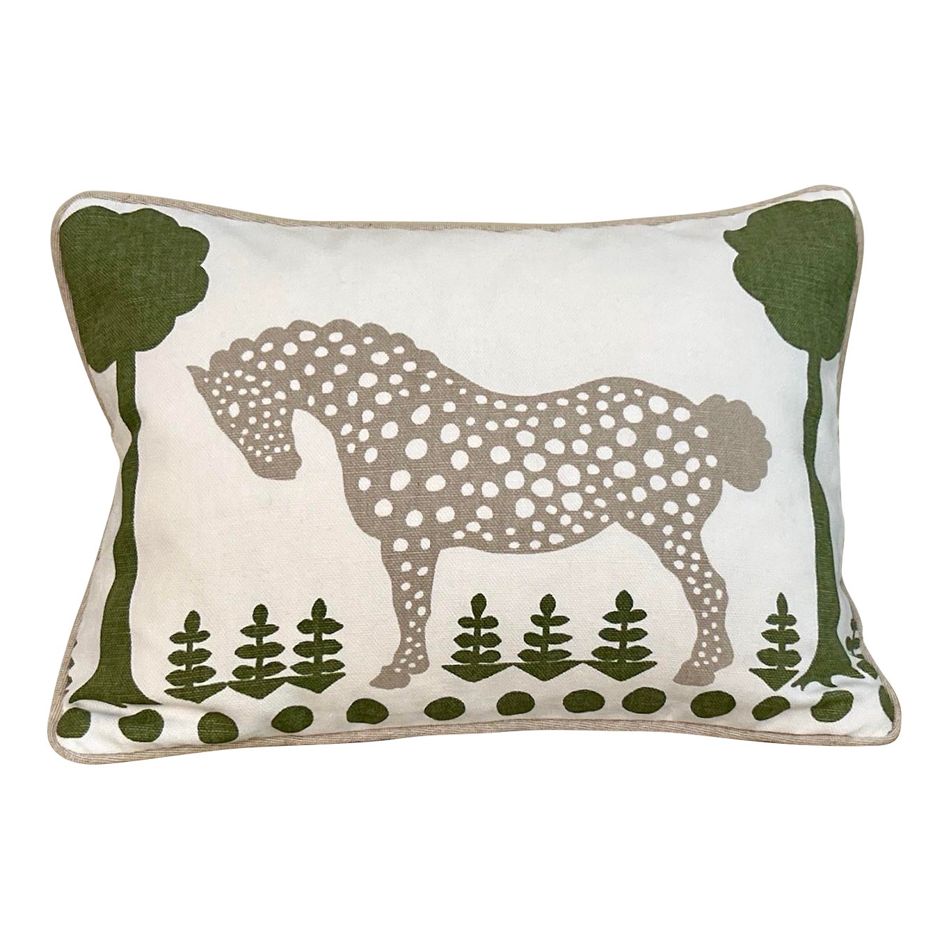 Schumacher Polka Dot Pony in Olive Designer Pillow With Tan Piping Boudoir Pillow, Insert Is