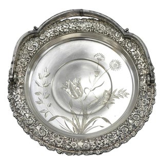 Early 20th Century Meriden Art Nouveau Silver Plated Floral Repousse Bread Pastry Brides Basket For Sale