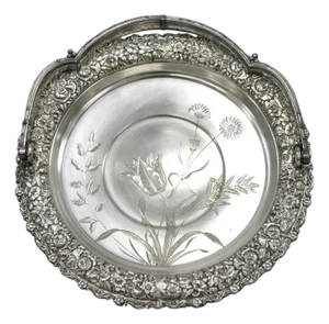 Early 20th Century Meriden Art Nouveau Silver Plated Floral Repousse Bread Pastry Brides Basket