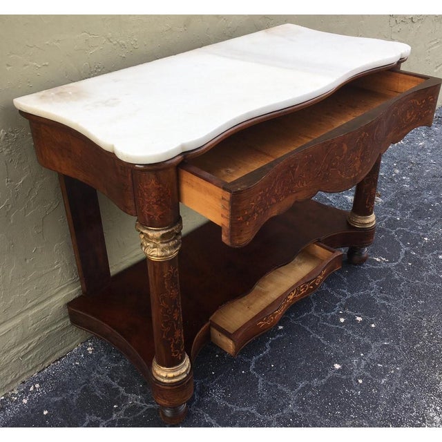 20th Century Marquetry Console Table With White Carrara Marble Top & Two Drawers For Sale - Image 11 of 13